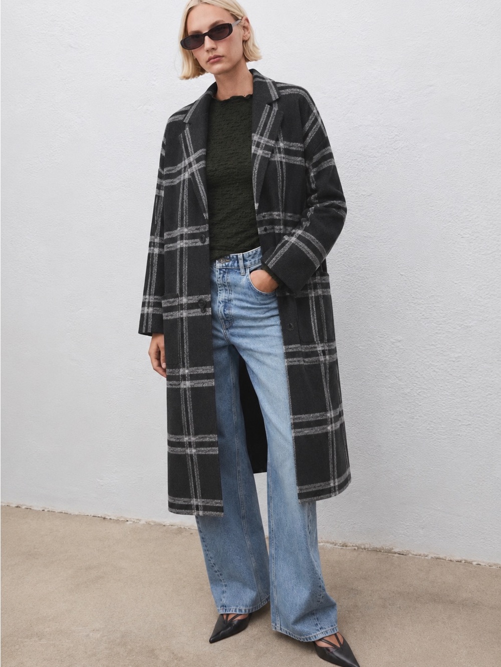 Mango Gray and Black Plaid Knit Midi  Sweater -Coat